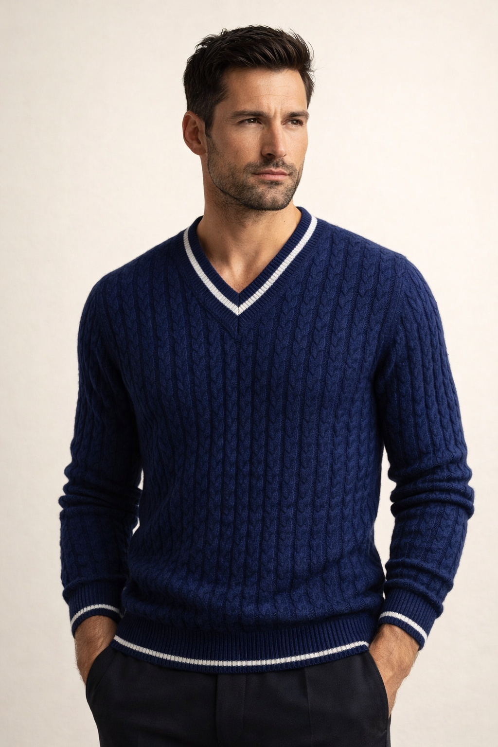 Brando Cashmere Scollo a V a trecce Blu Marino
