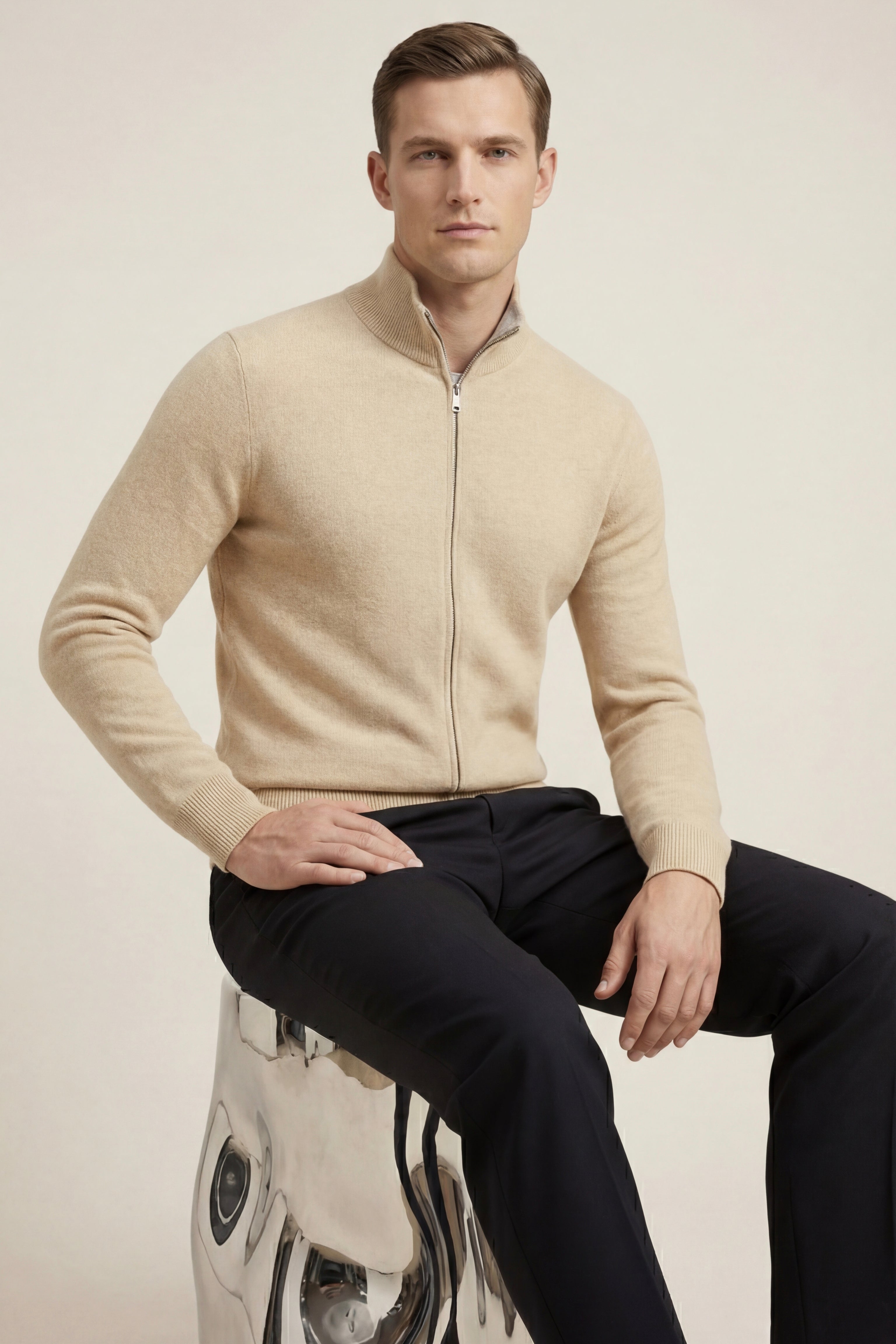 Cardigan reversibile in cashmere con zip Marciello Beige e Grigio