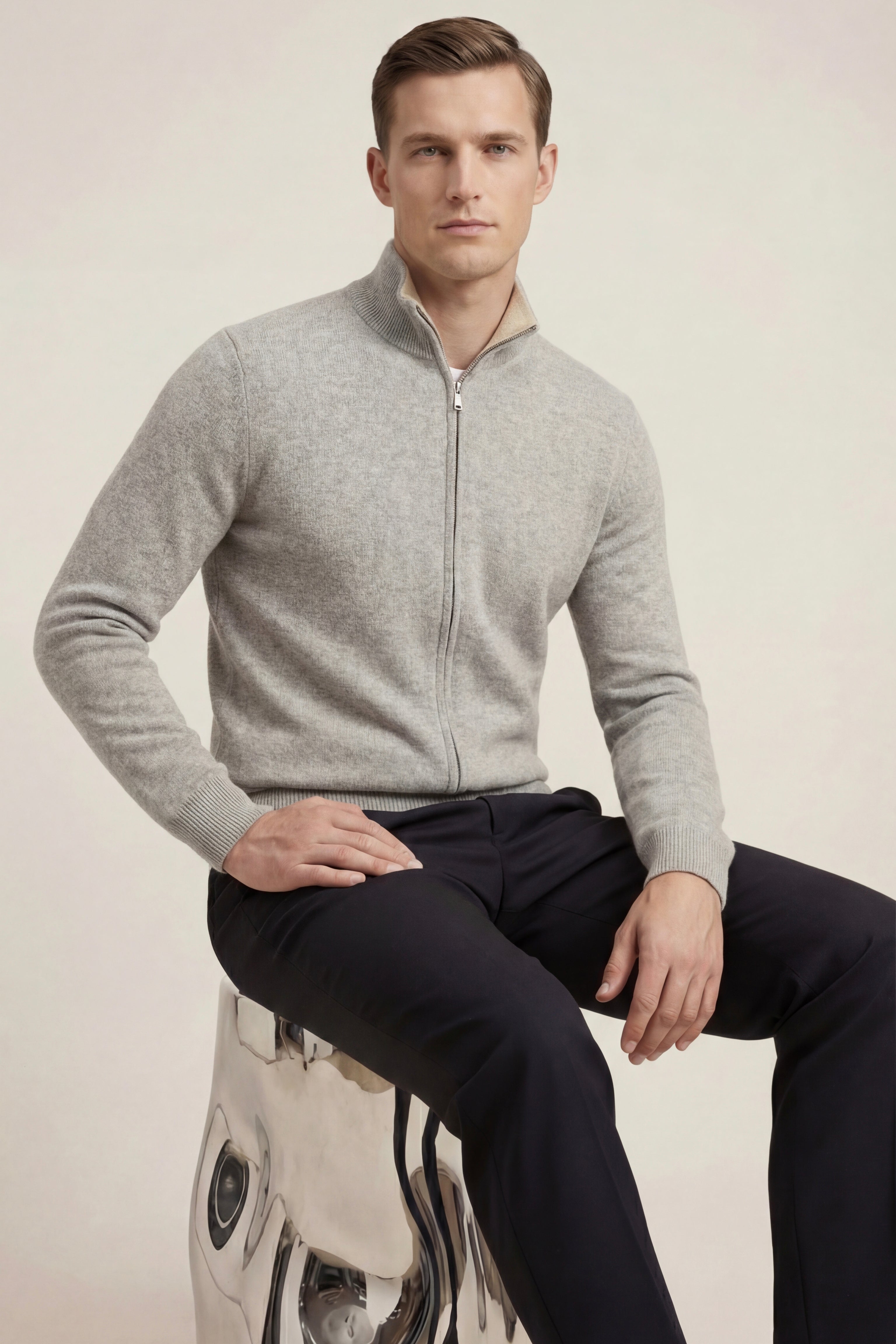 Cardigan reversibile in cashmere con zip Marciello Beige e Grigio