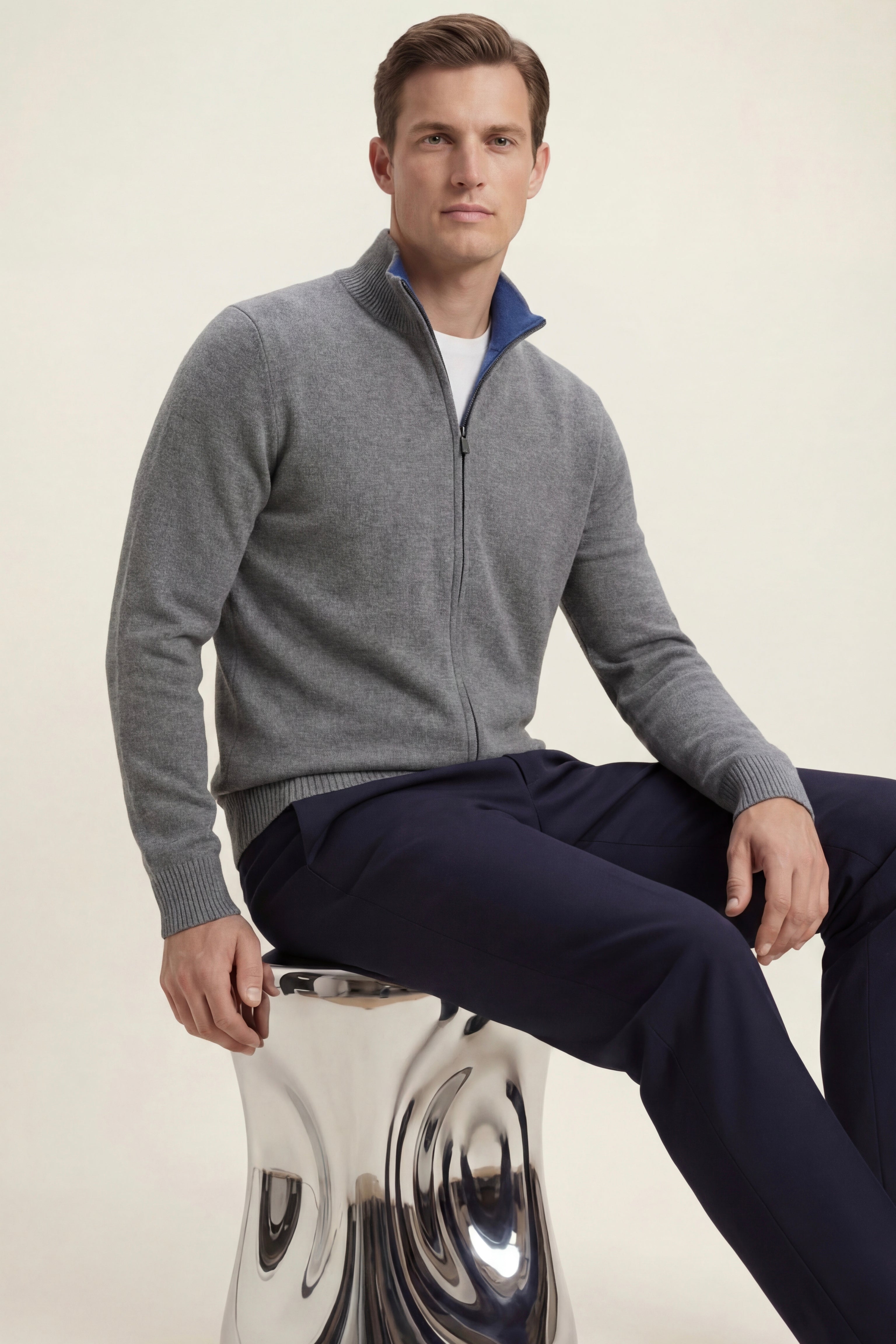 Maglia in cashmere reversibile con zip Marciello blu navy e grigio