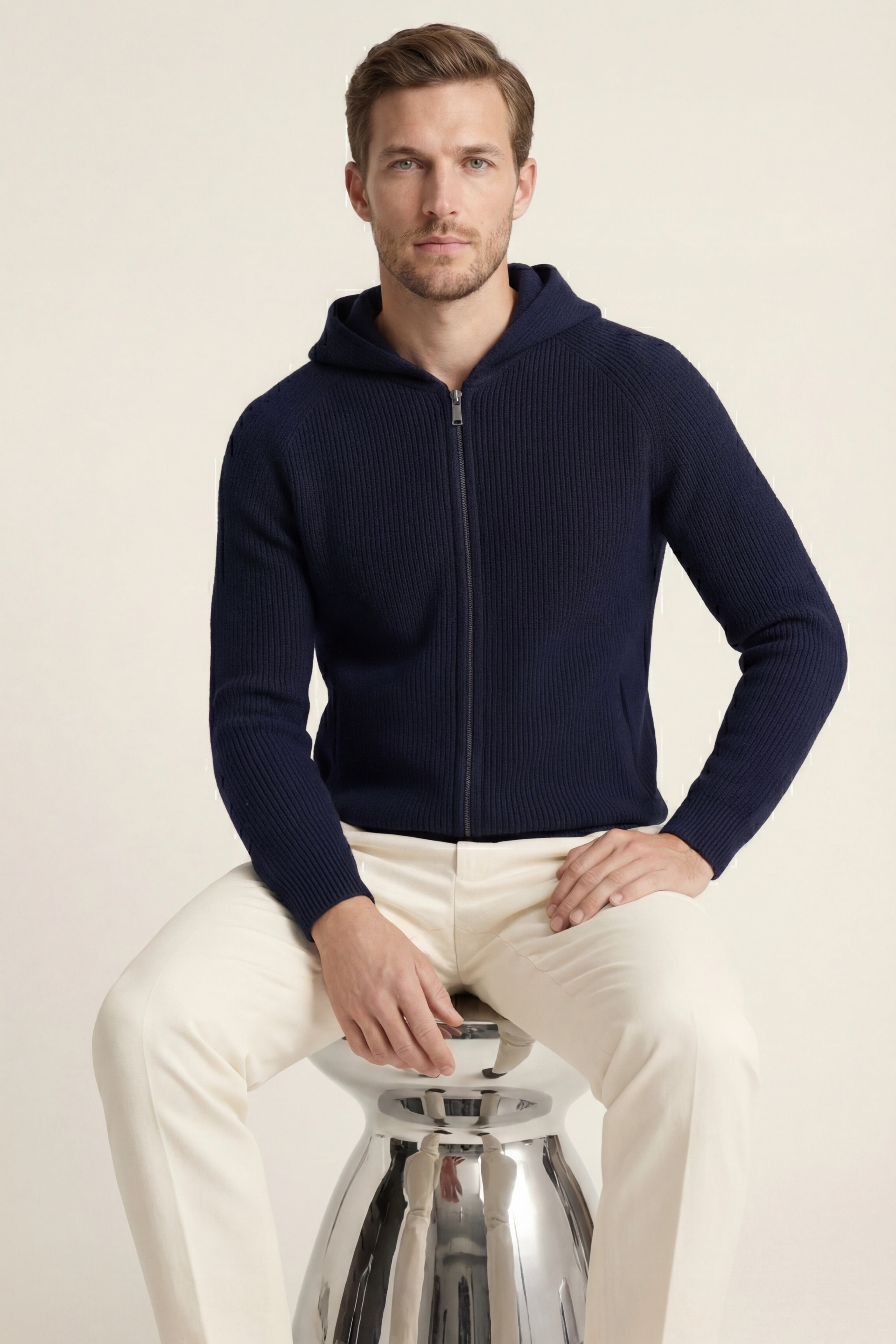 Maglione con cappuccio in merino Amalfi blu navy