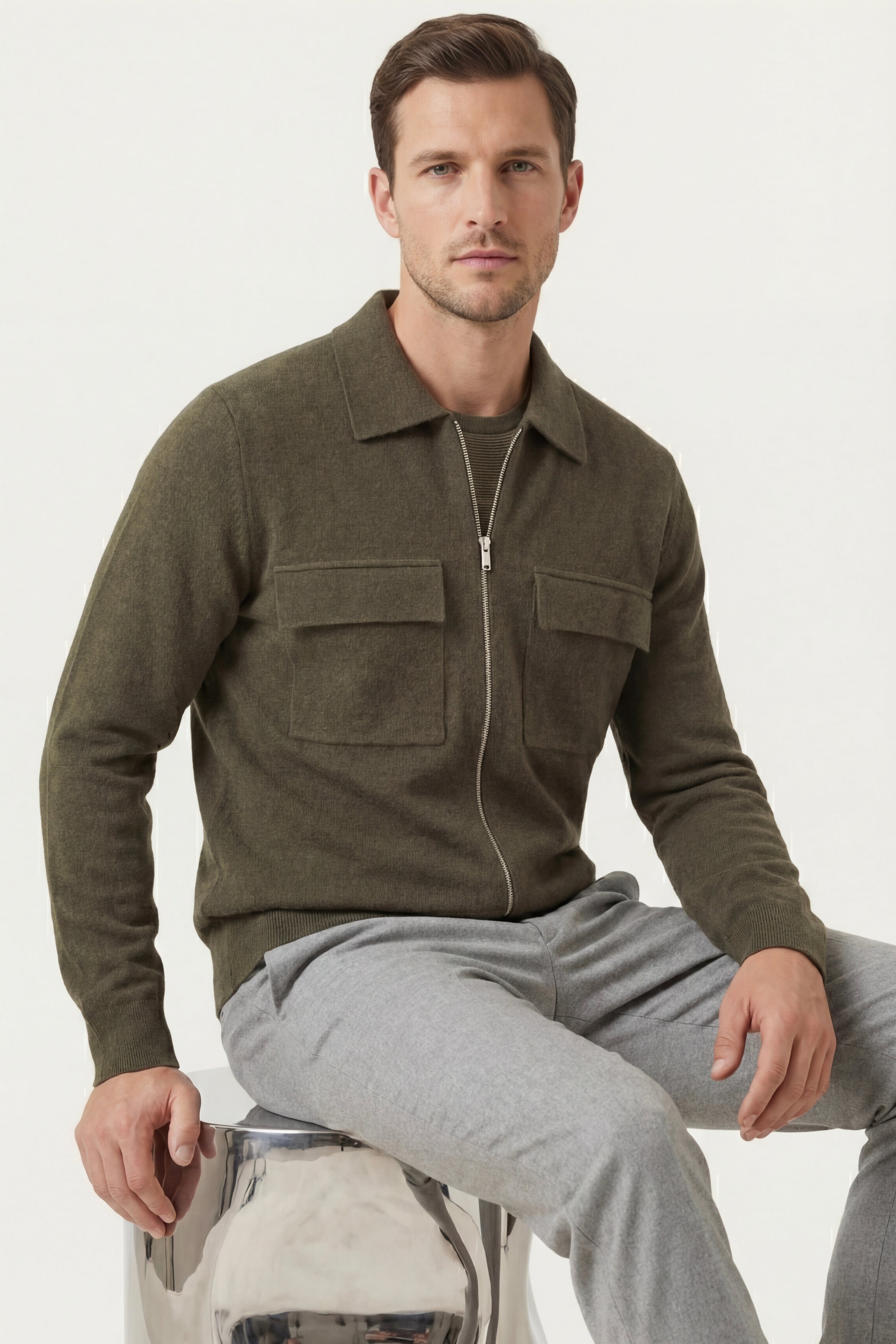 Cardigan Orvello in lana con doppia zip verde militare