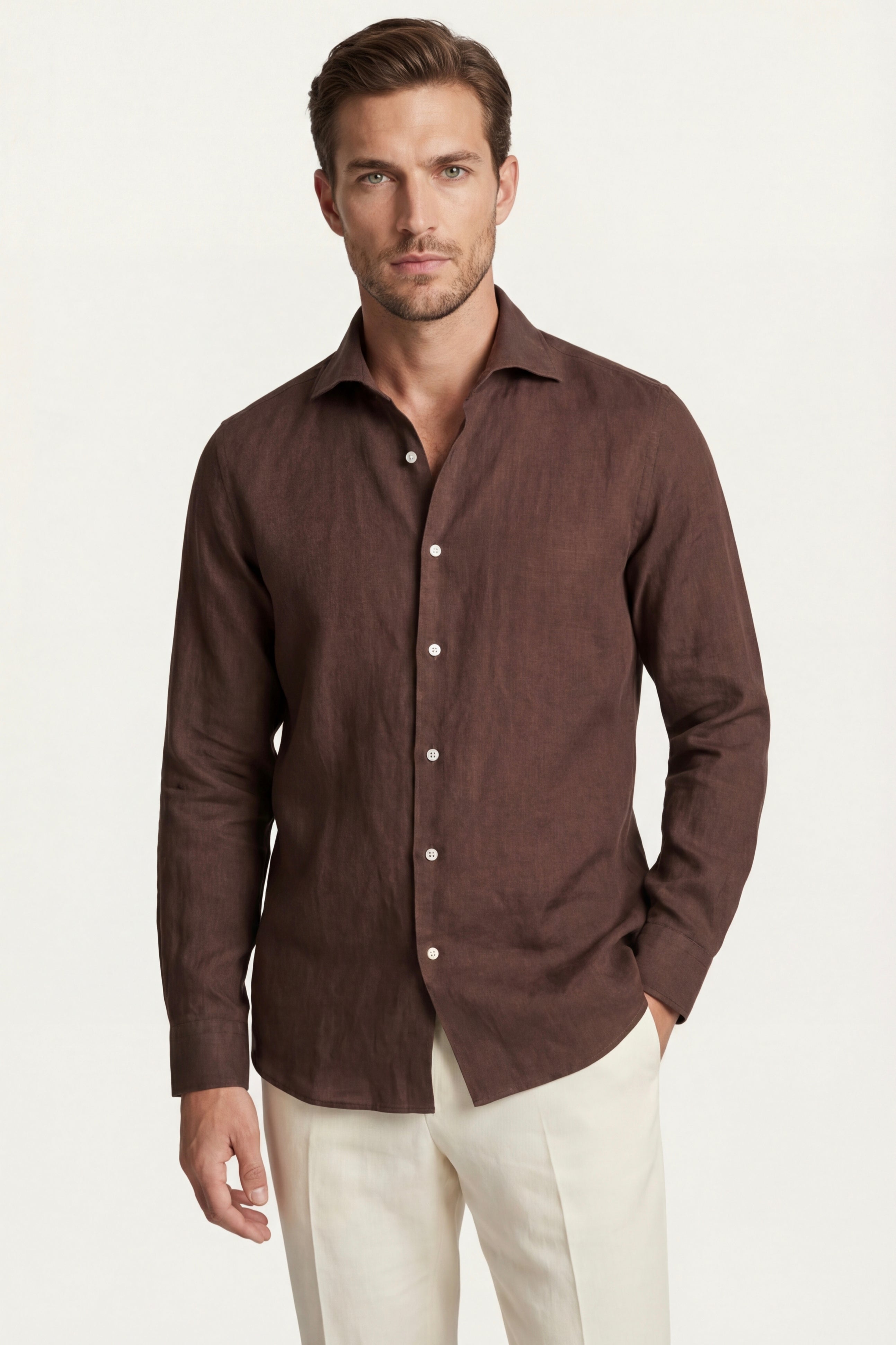Camicia di Lino Silano Marrone Scuro
