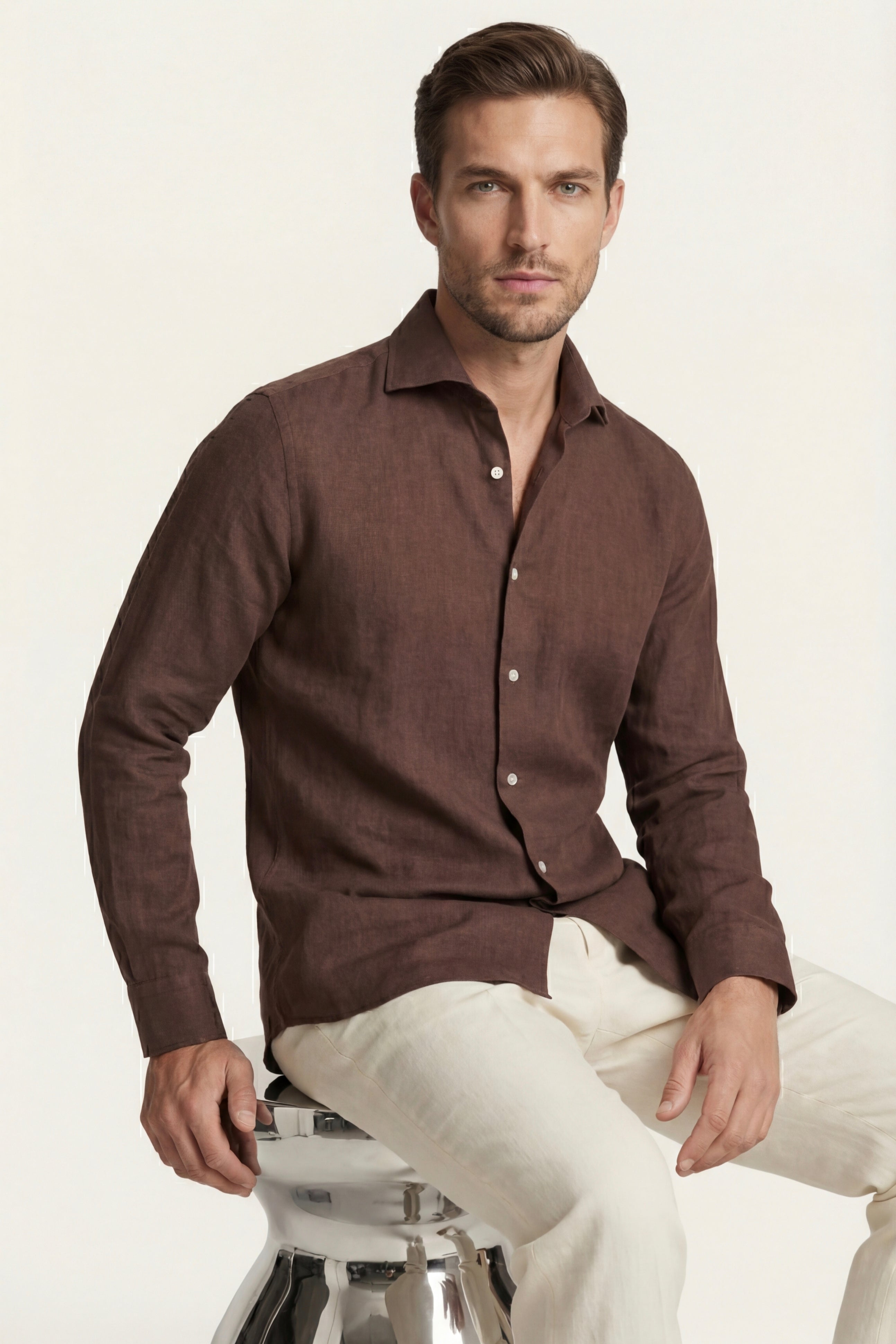 Camicia di Lino Silano Marrone Scuro