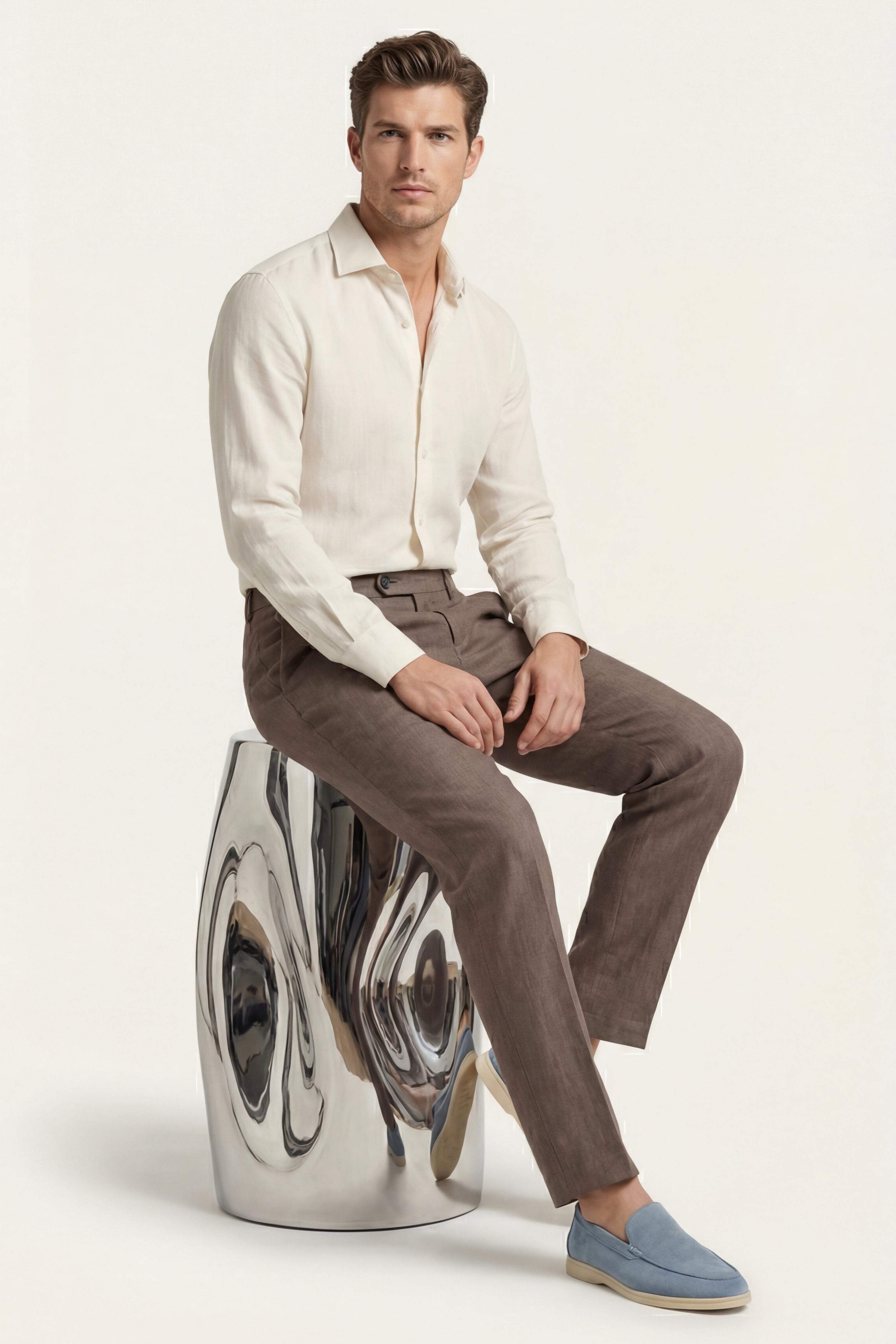 Pantaloni dritti in lino Cortona color tortora
