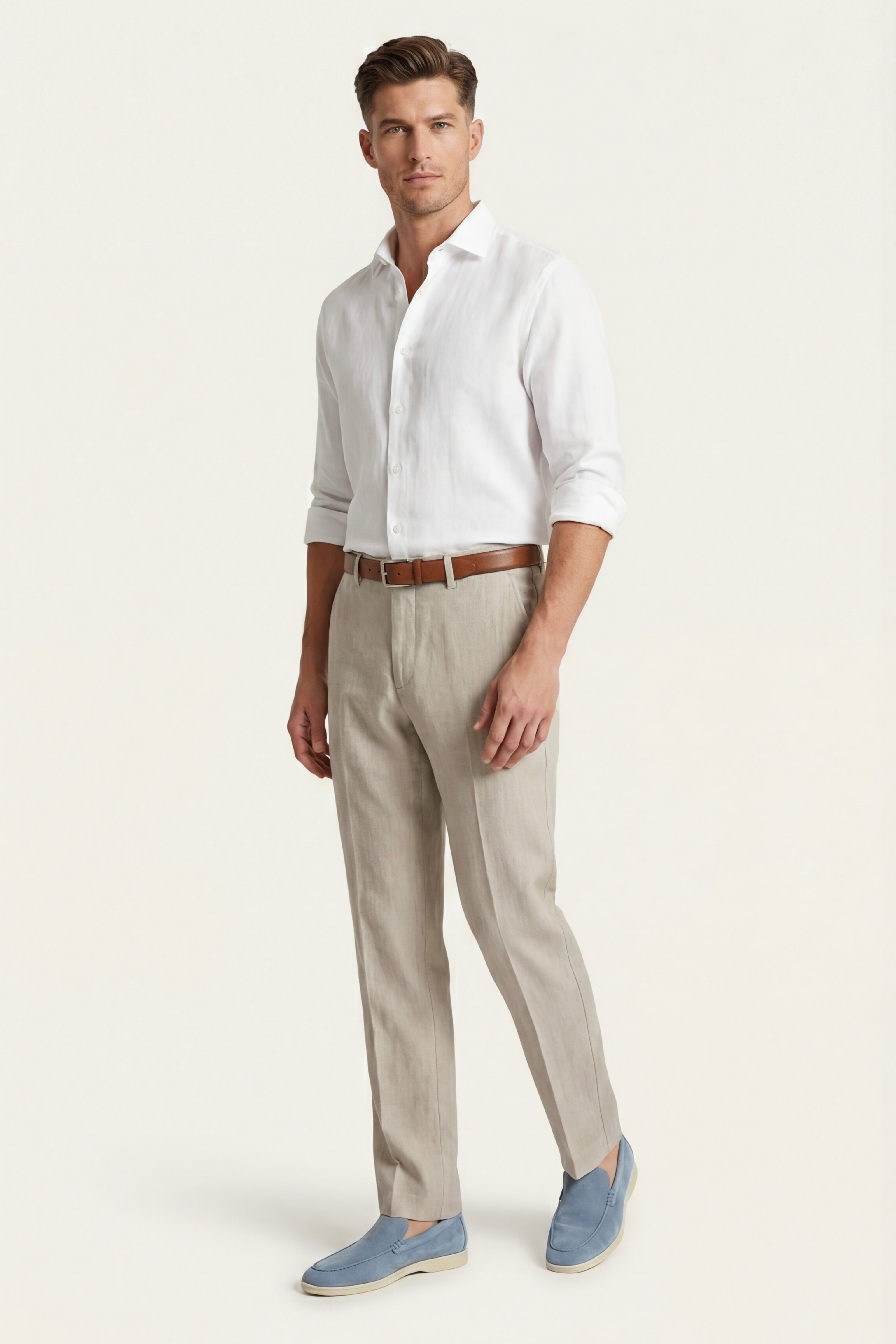 Cortona Lino Pantaloni Dritti Beige Chiaro
