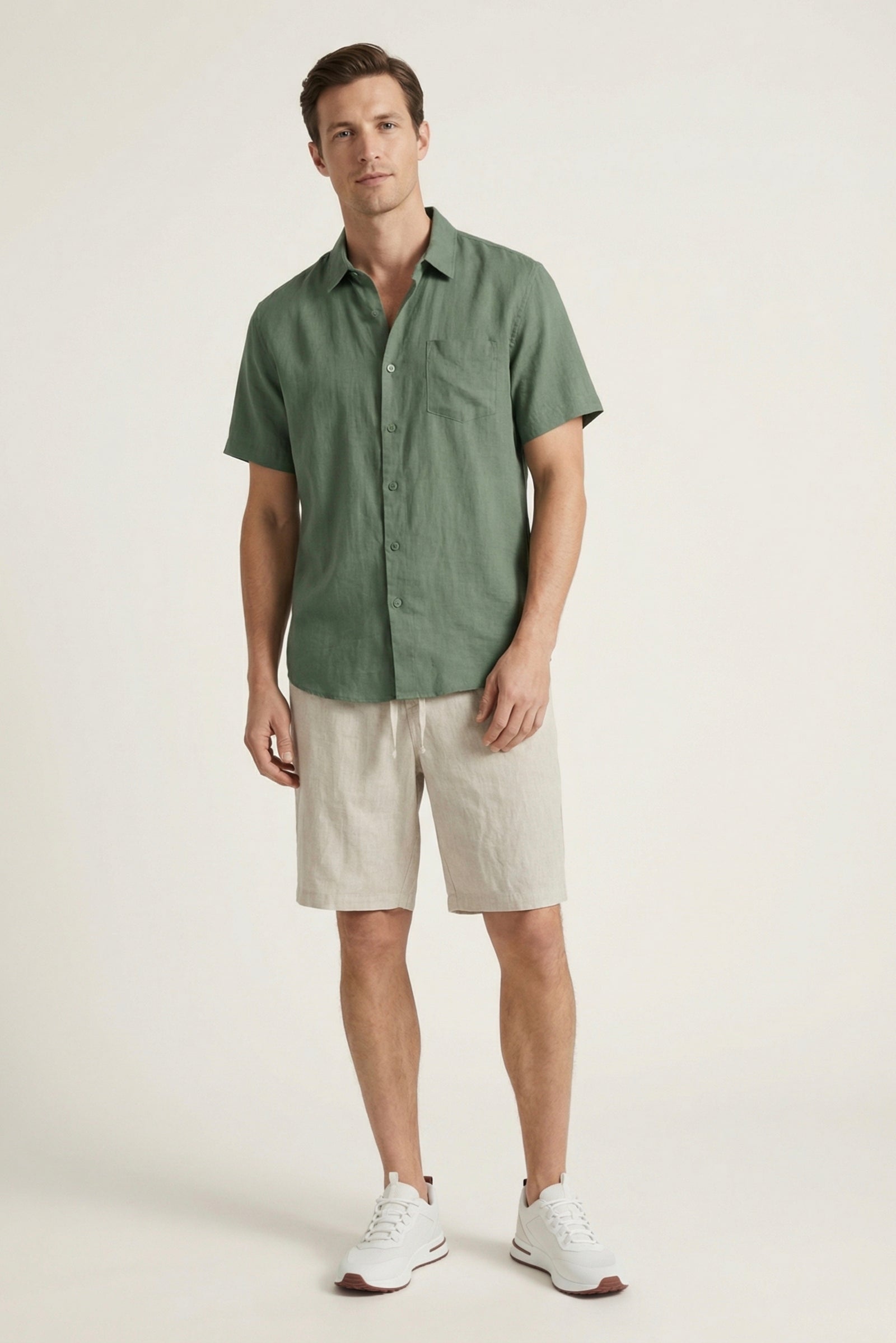 Camicia e Pantaloncini in Lino Verona Verde/Beige