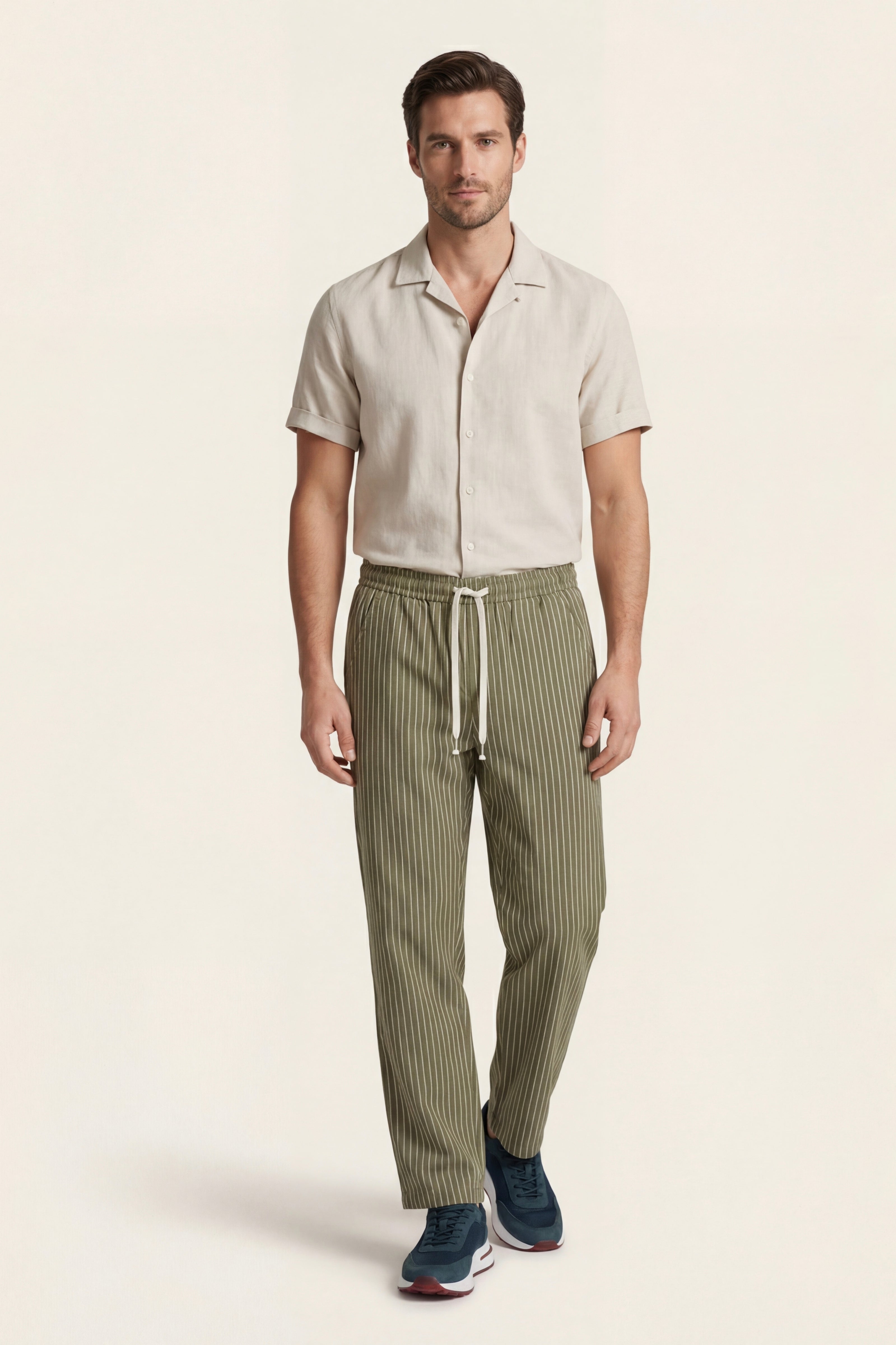 Pantaloni di lino Siena a righe oliva