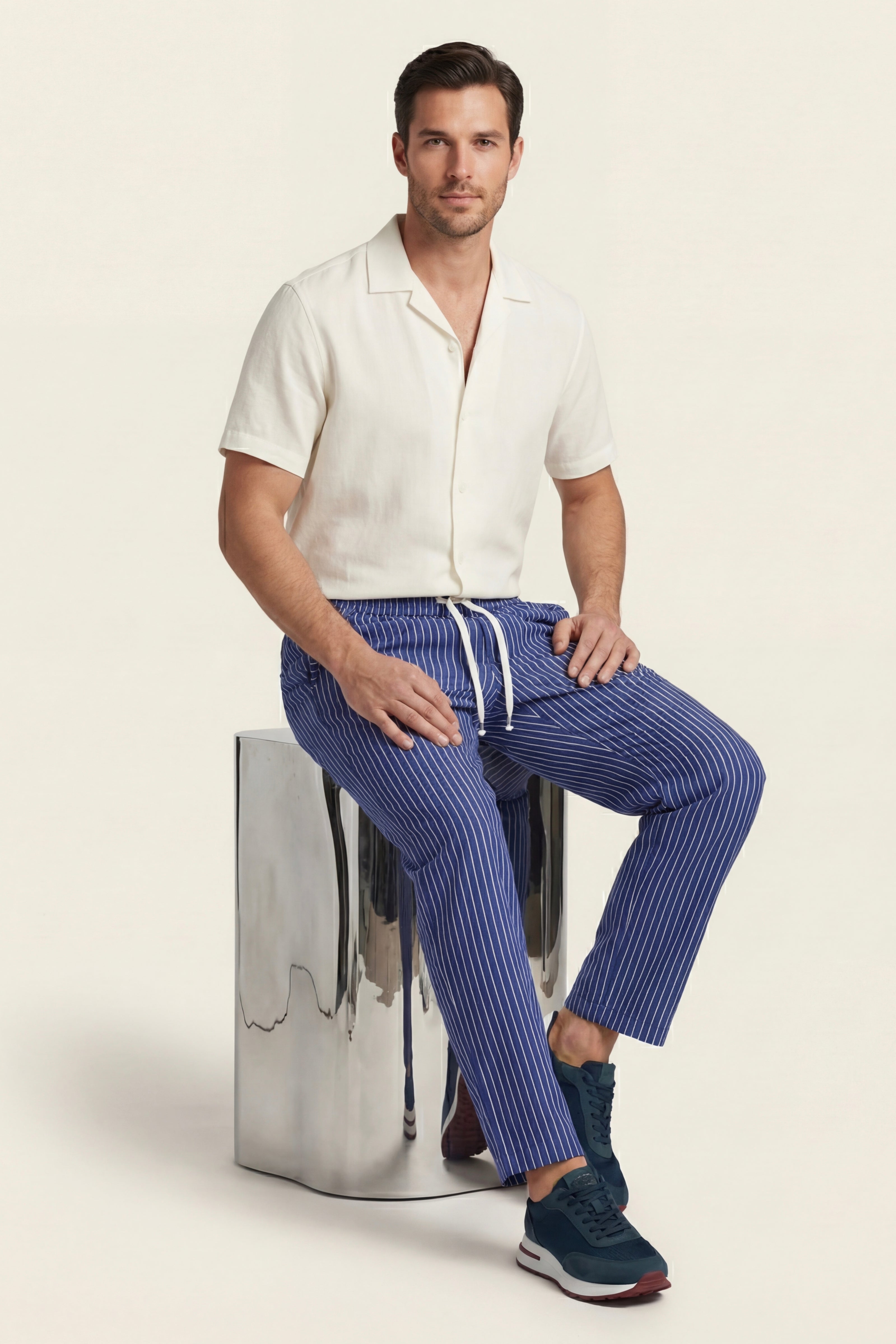 Pantaloni in lino Siena a righe blu