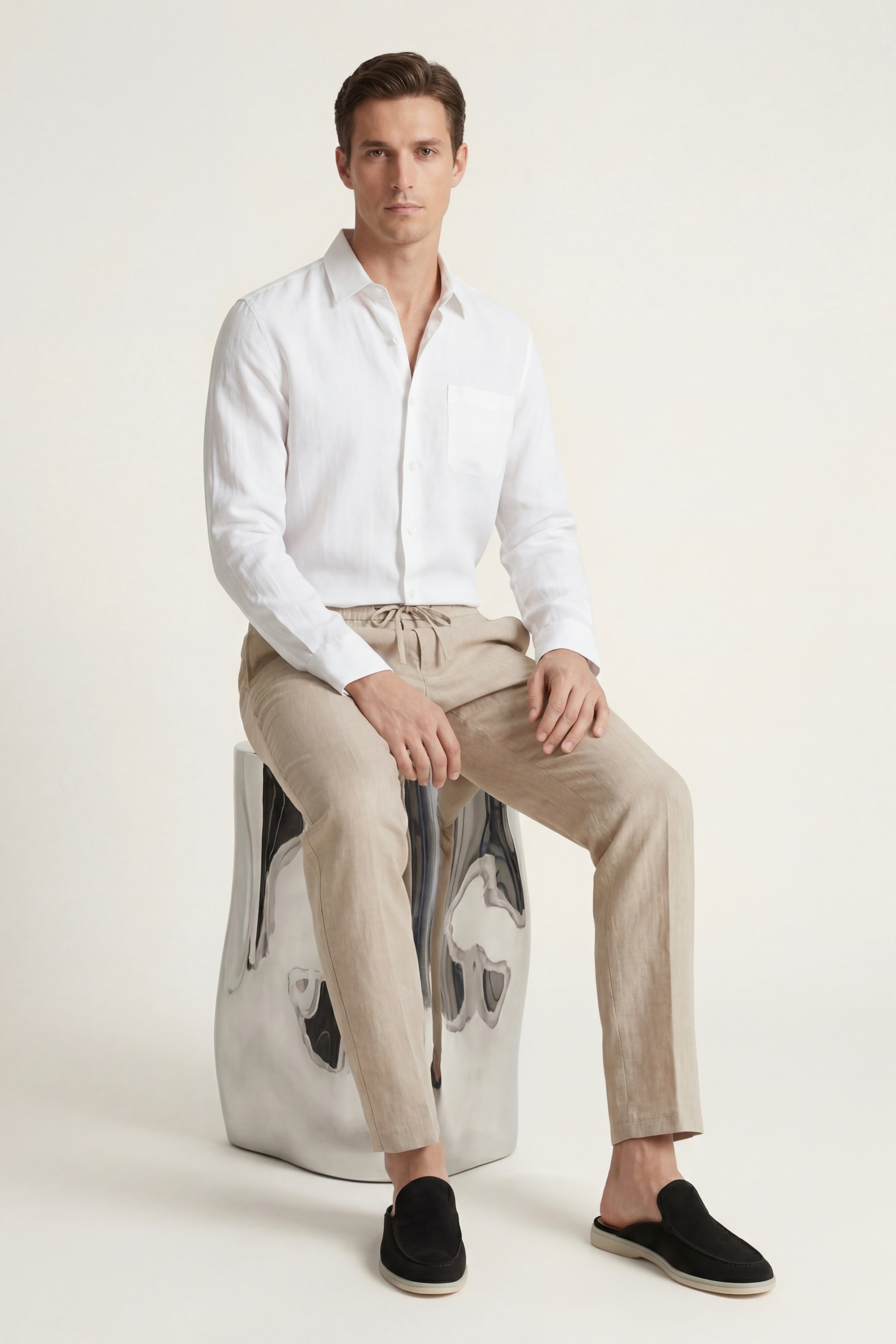 Pisa Linen Set Manica Lunga Bianco/Beige