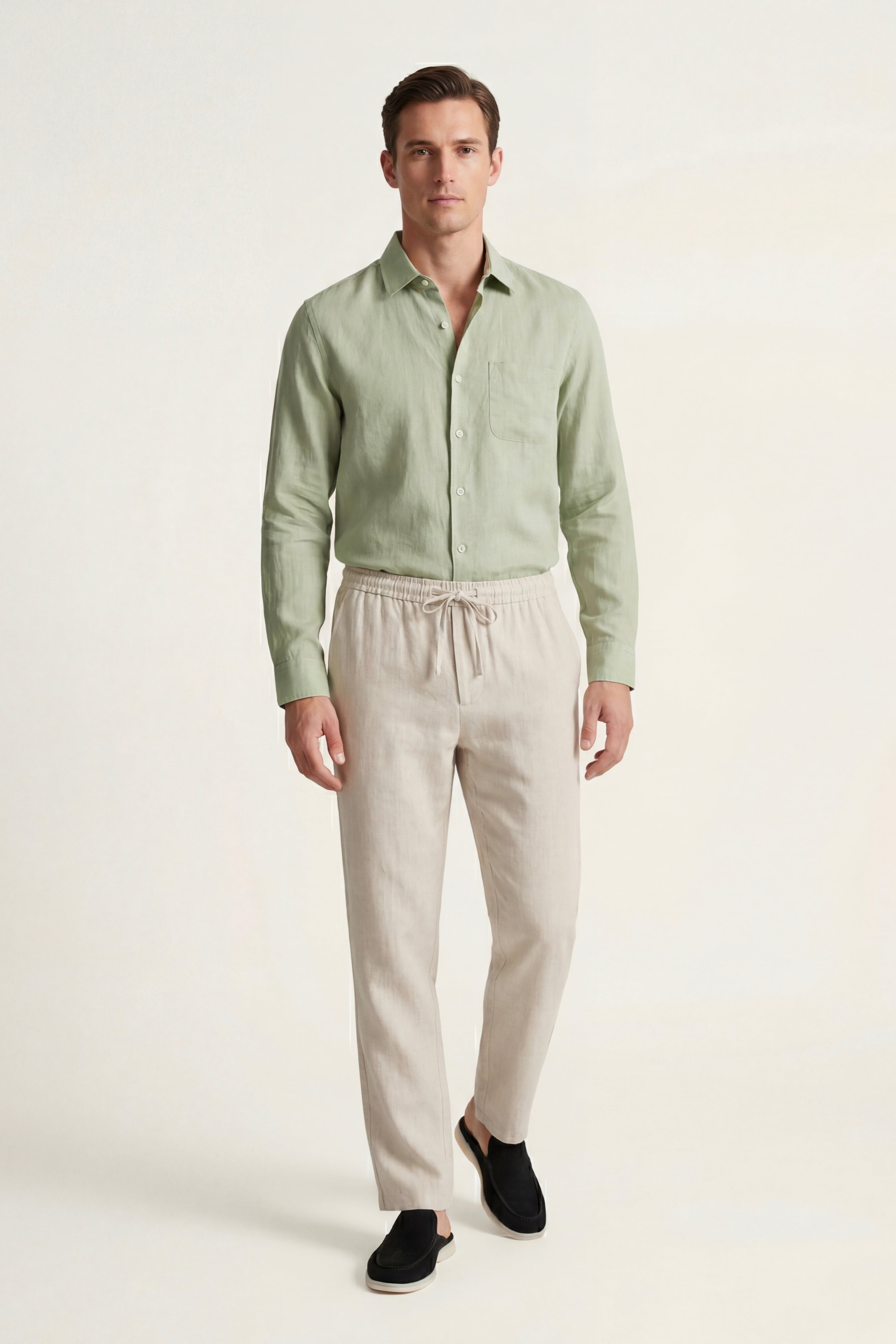 Pisa Completo Lino Manica Lunga Menta/Beige