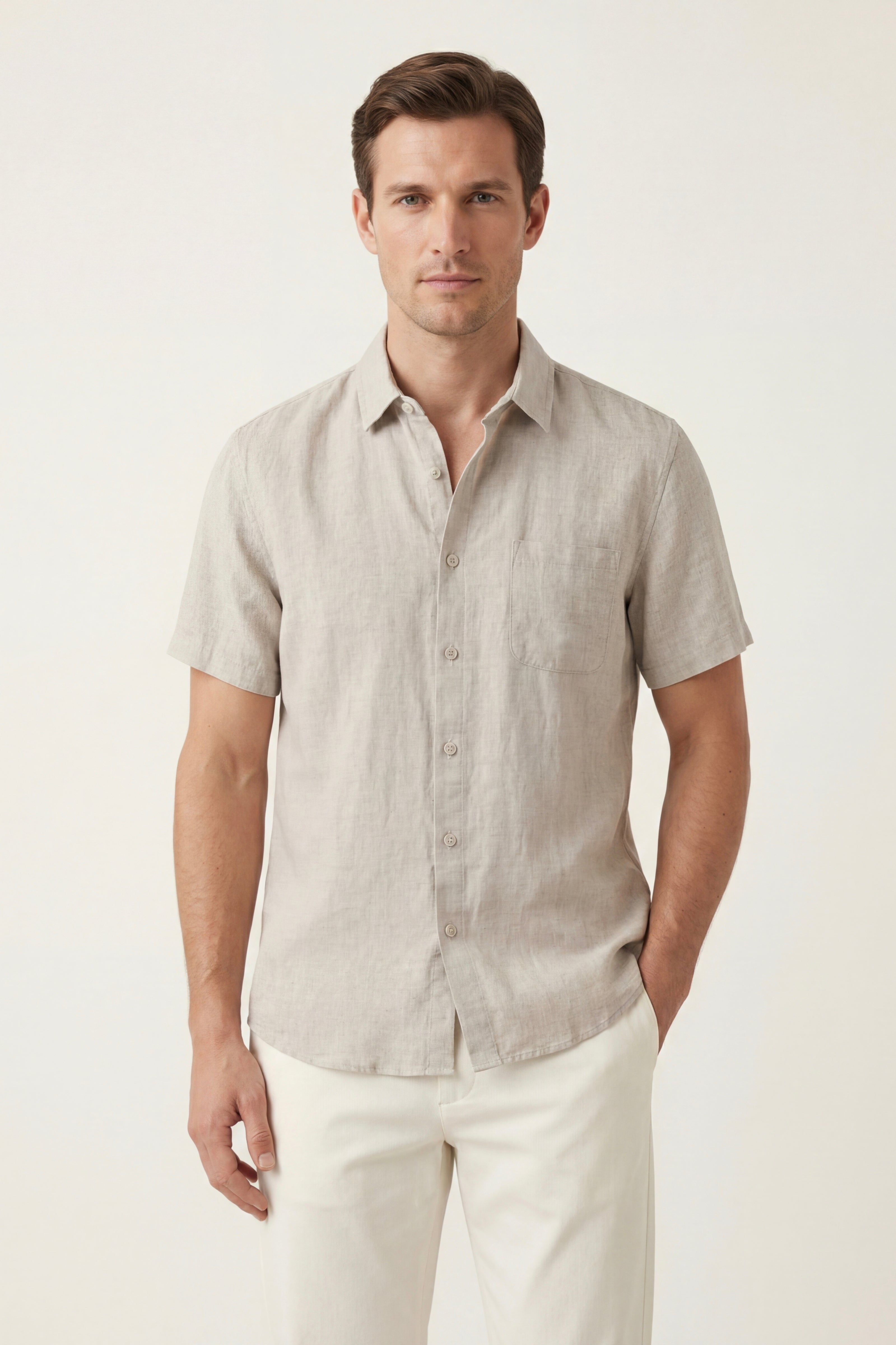 Camicia A Maniche Corte Vicenza In Lino Beige