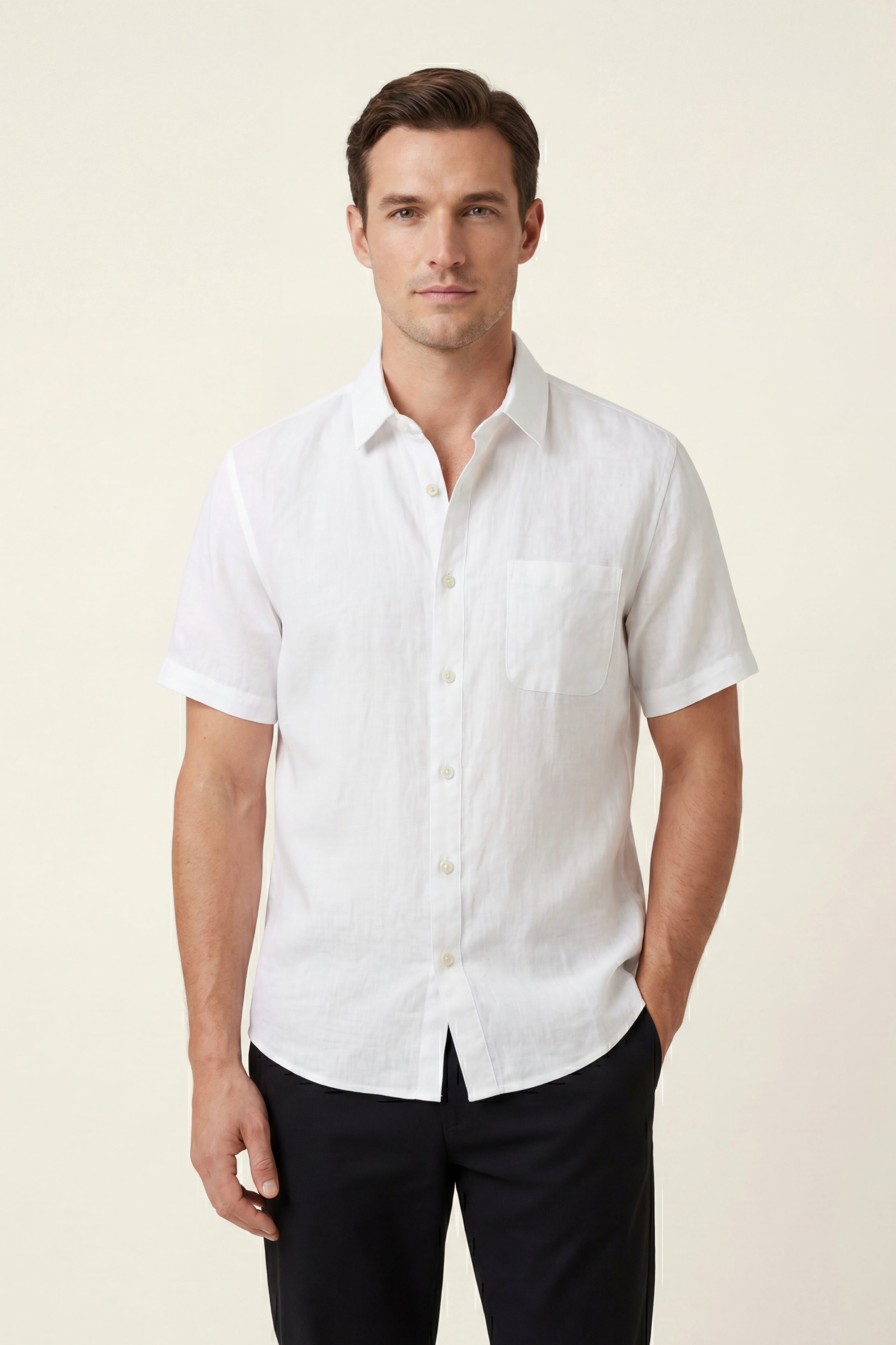 Camicia a maniche corte Vicenza in lino, colore bianco