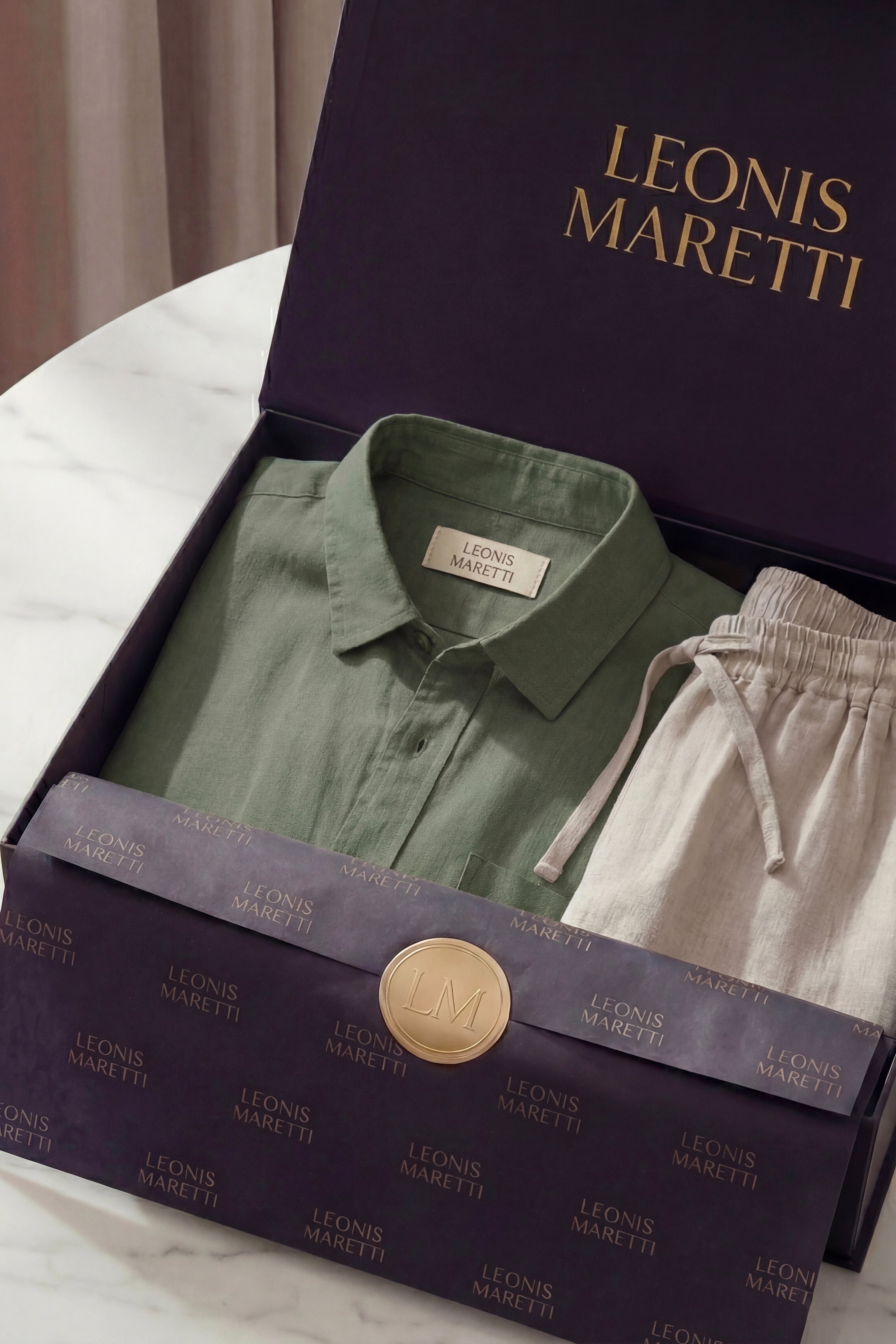 Camicia e Pantaloncini in Lino Verona Verde/Beige