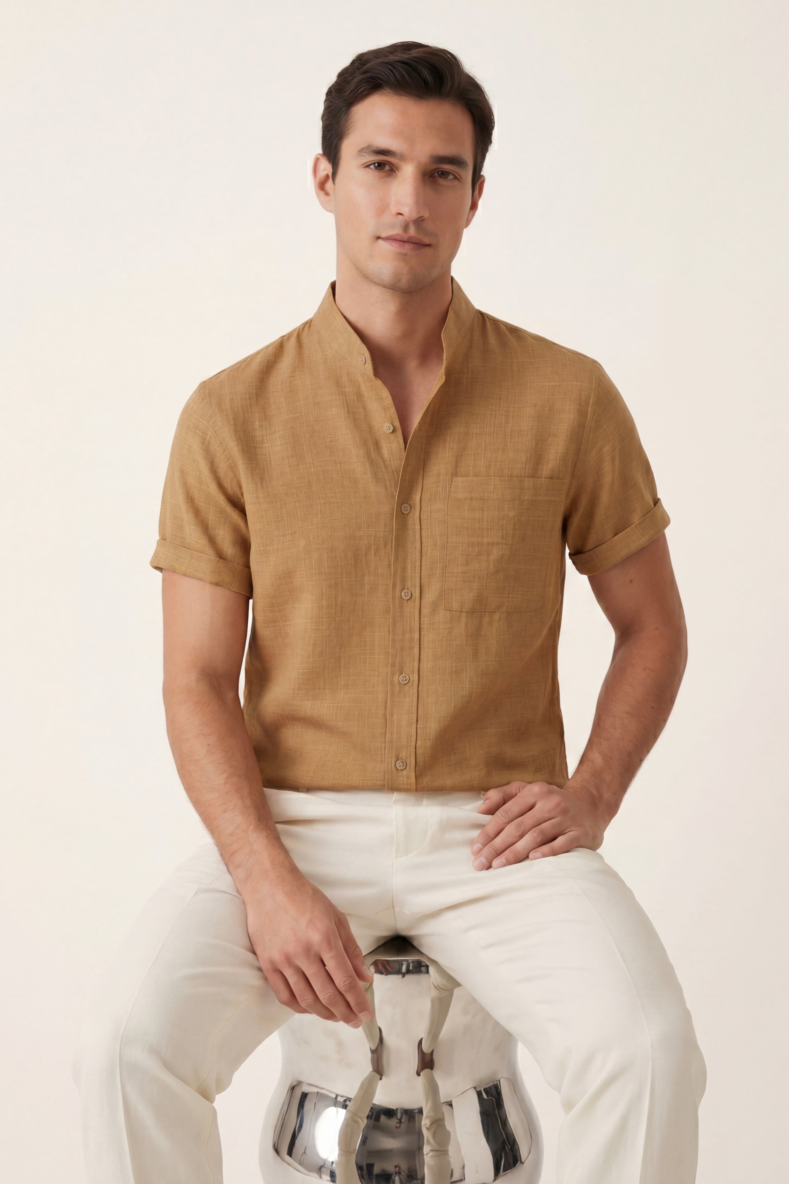 Camicia a maniche corte Treviso in lino giallo