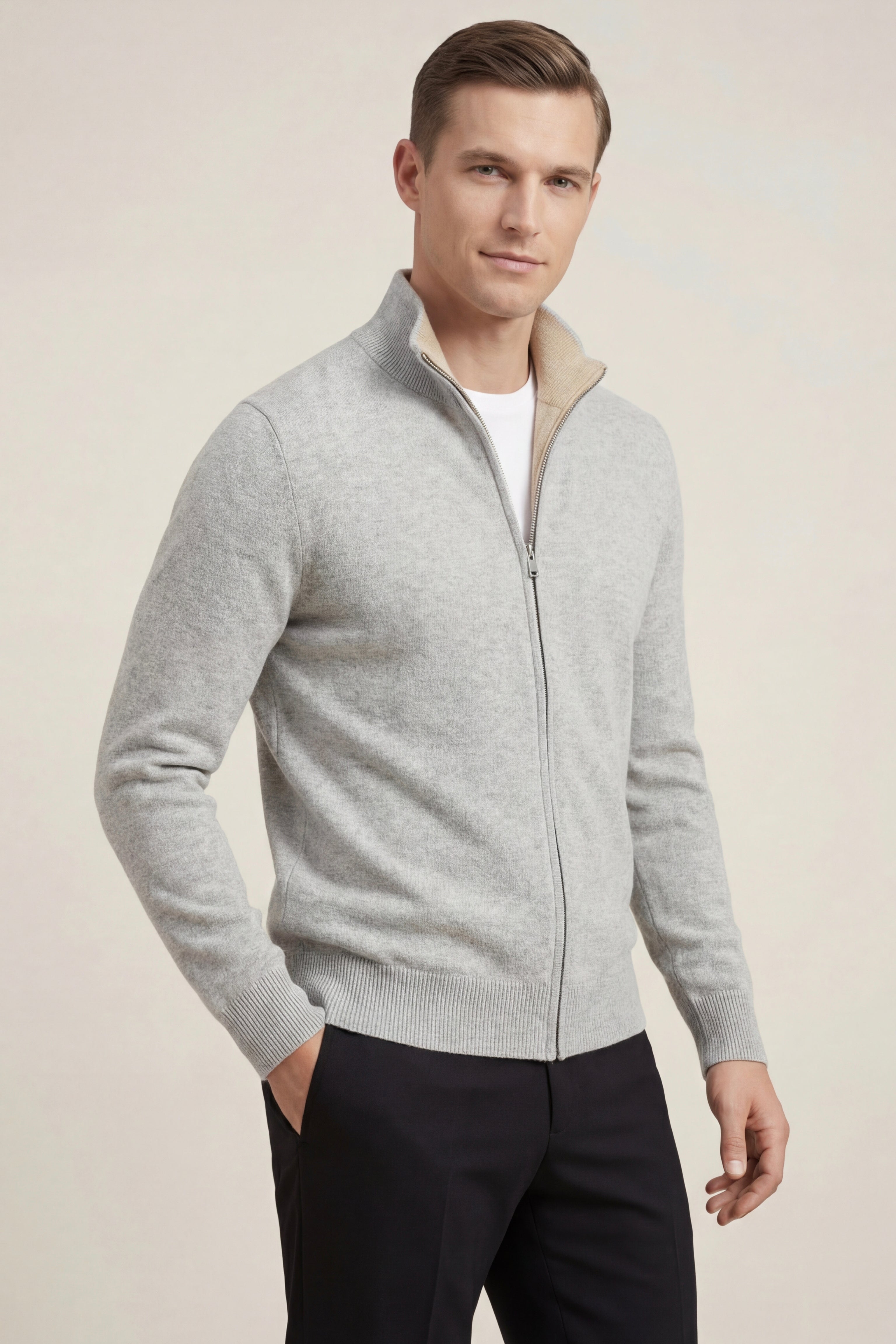 Cardigan reversibile in cashmere con zip Marciello Beige e Grigio