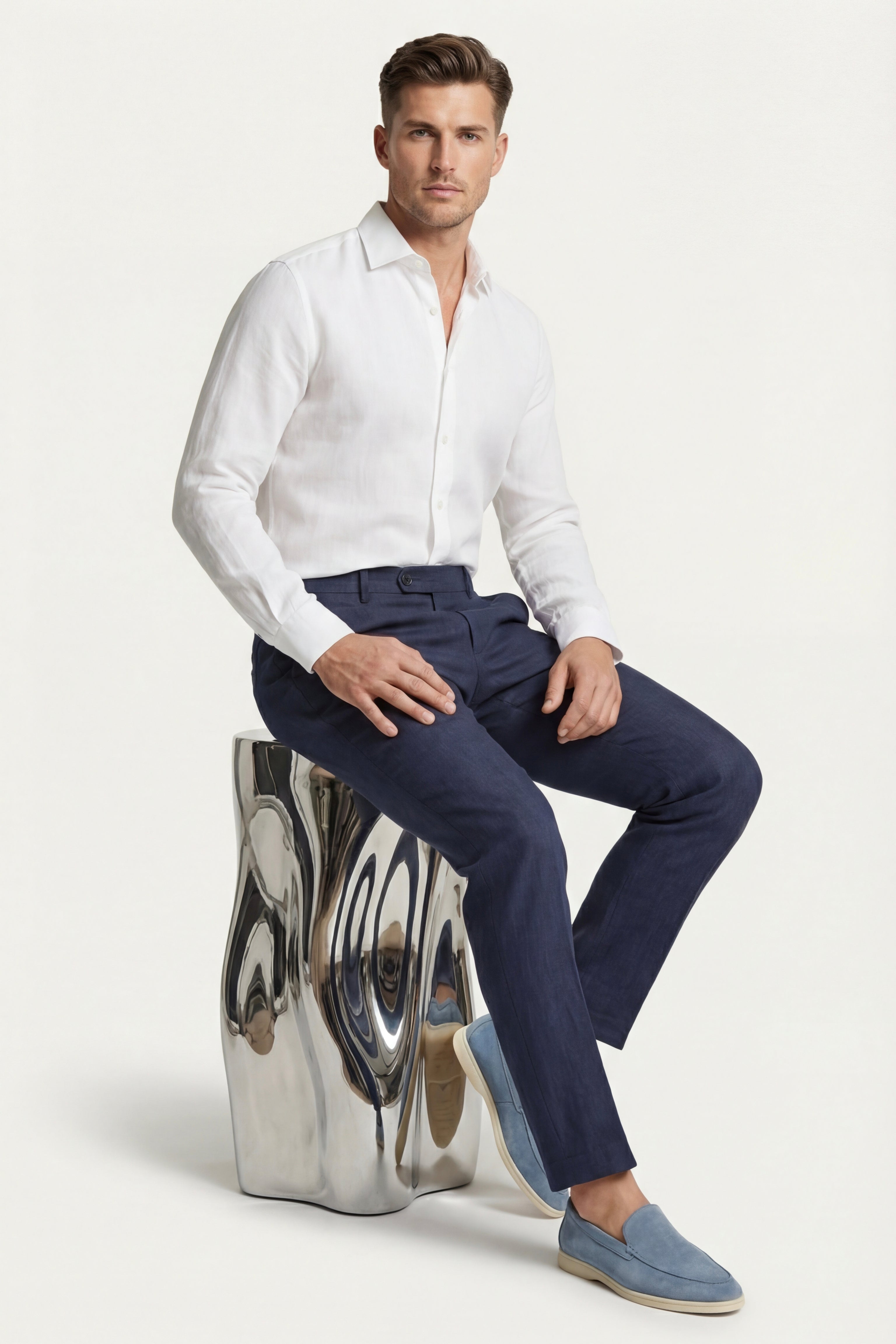 Pantaloni dritti di lino Cortona blu navy