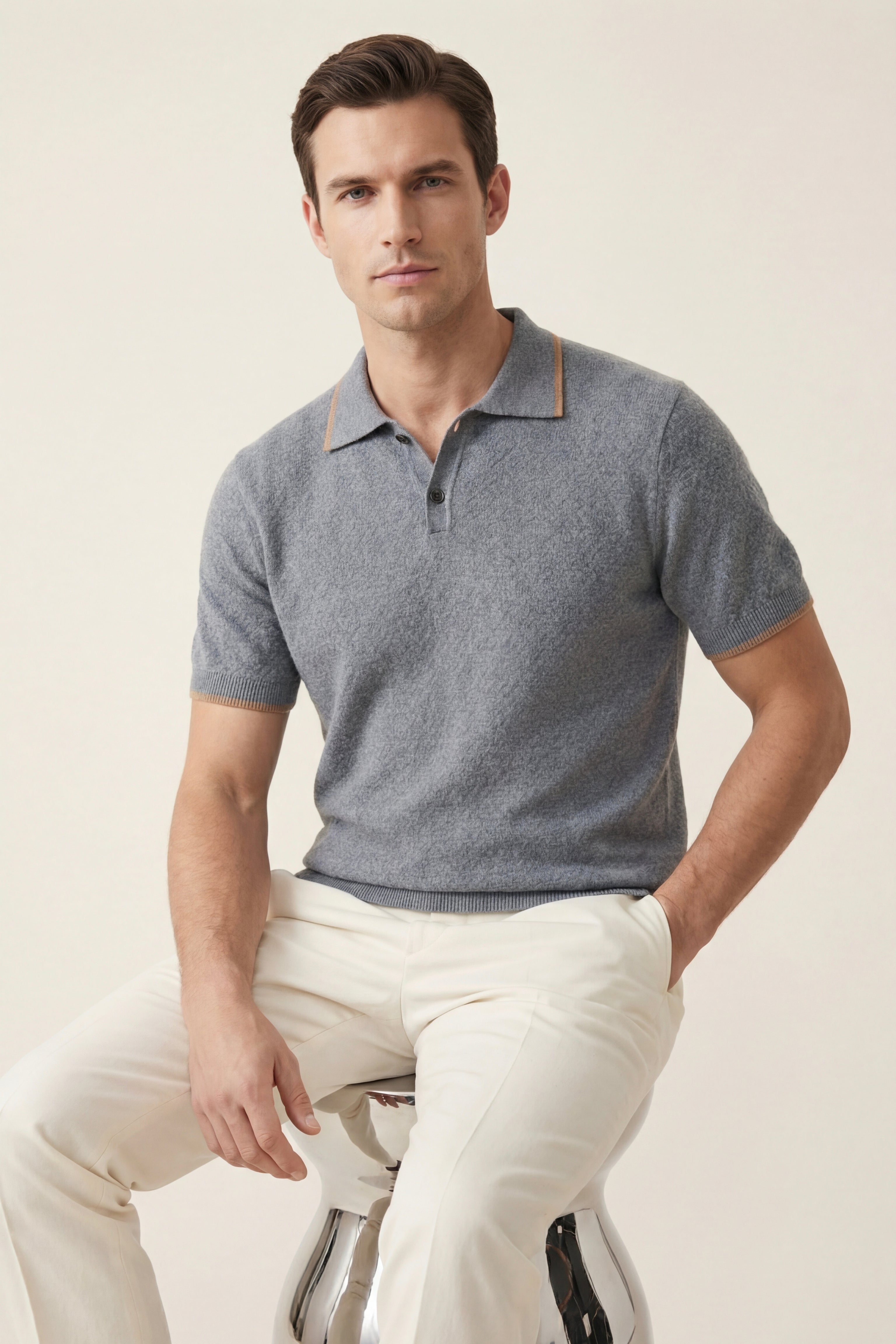 Prato Polo in maglia cashmere blu cenere