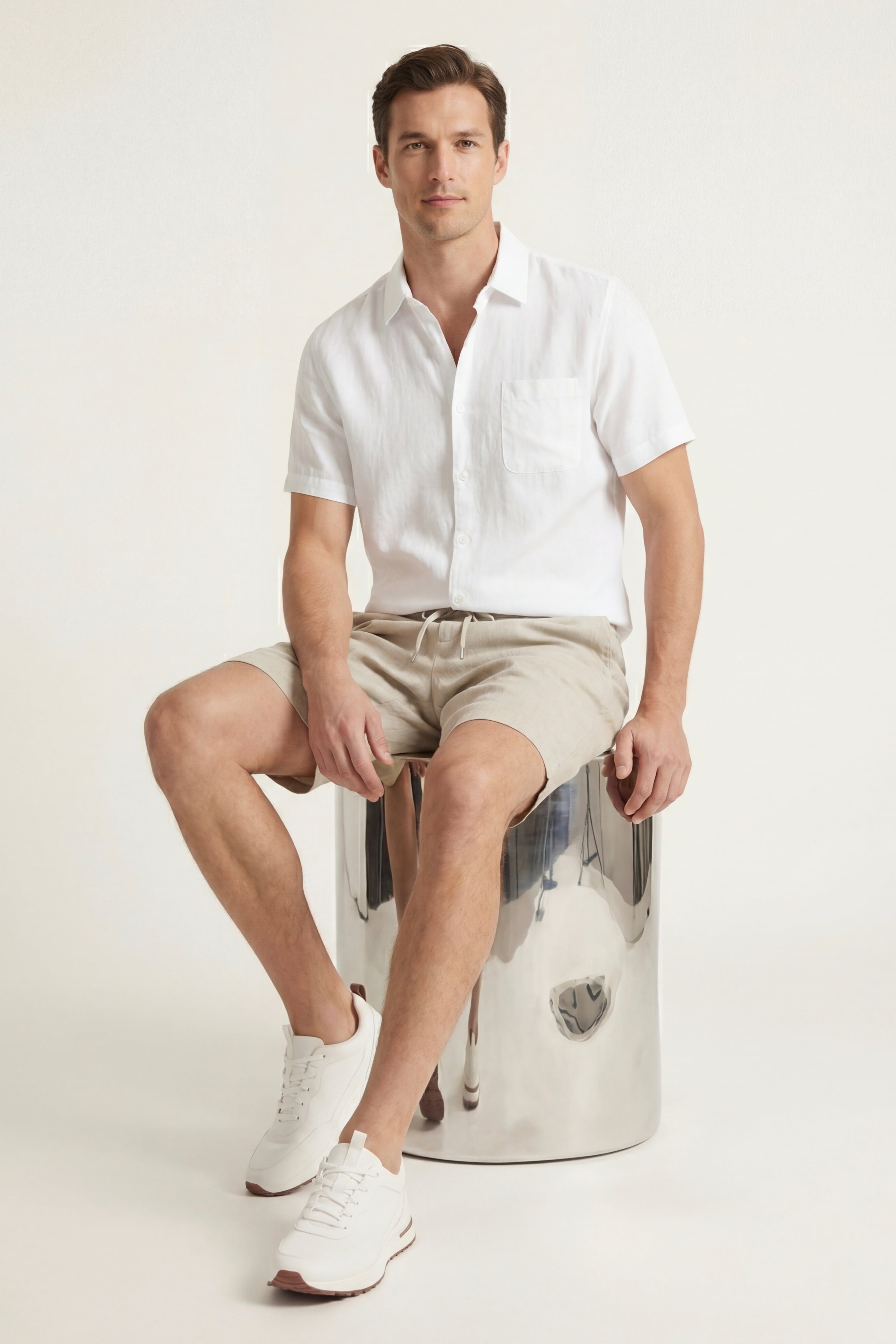 Camicia e Pantaloncini in Lino Verona Bianco/Beige