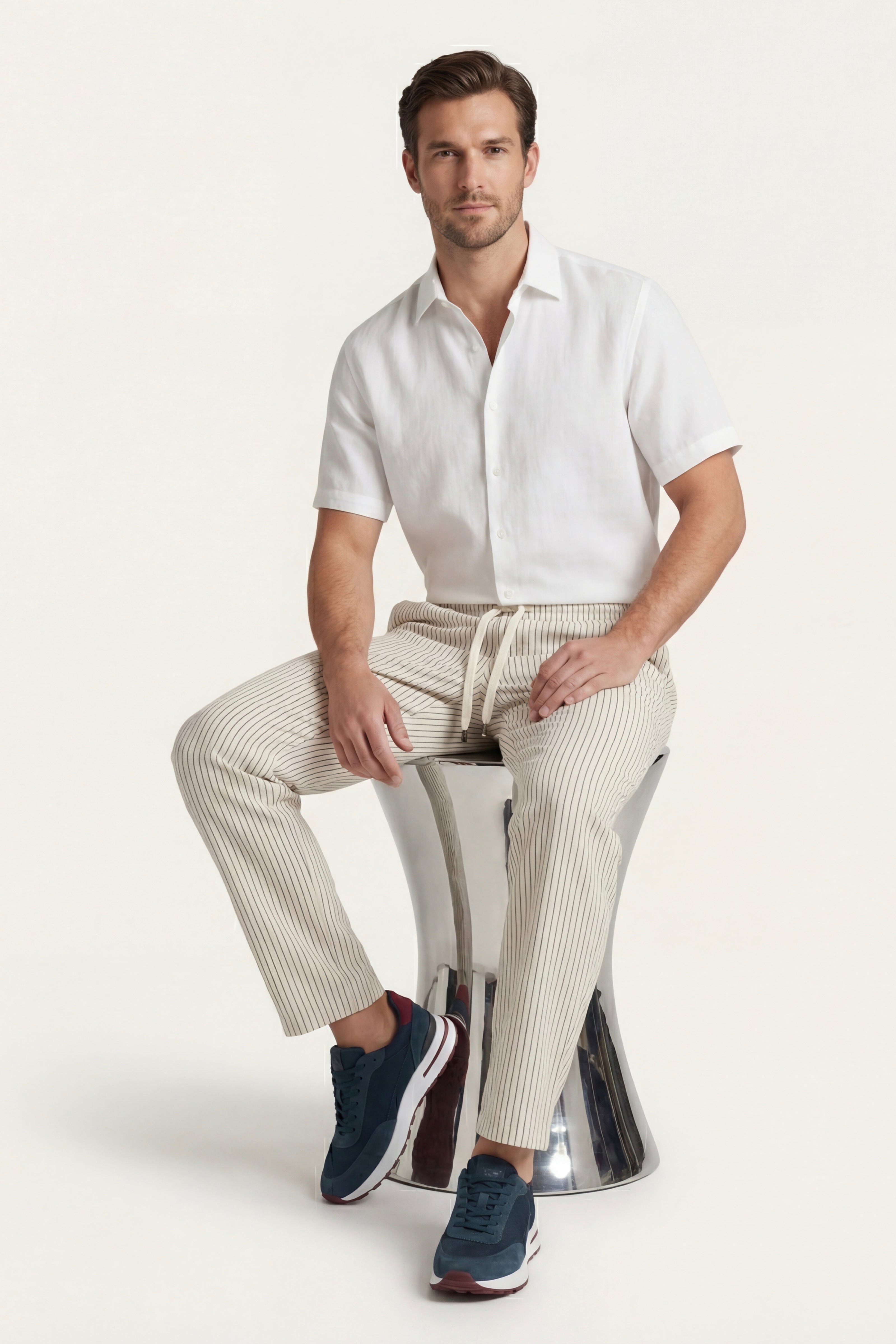 Pantaloni Siena in Lino a Righe Beige