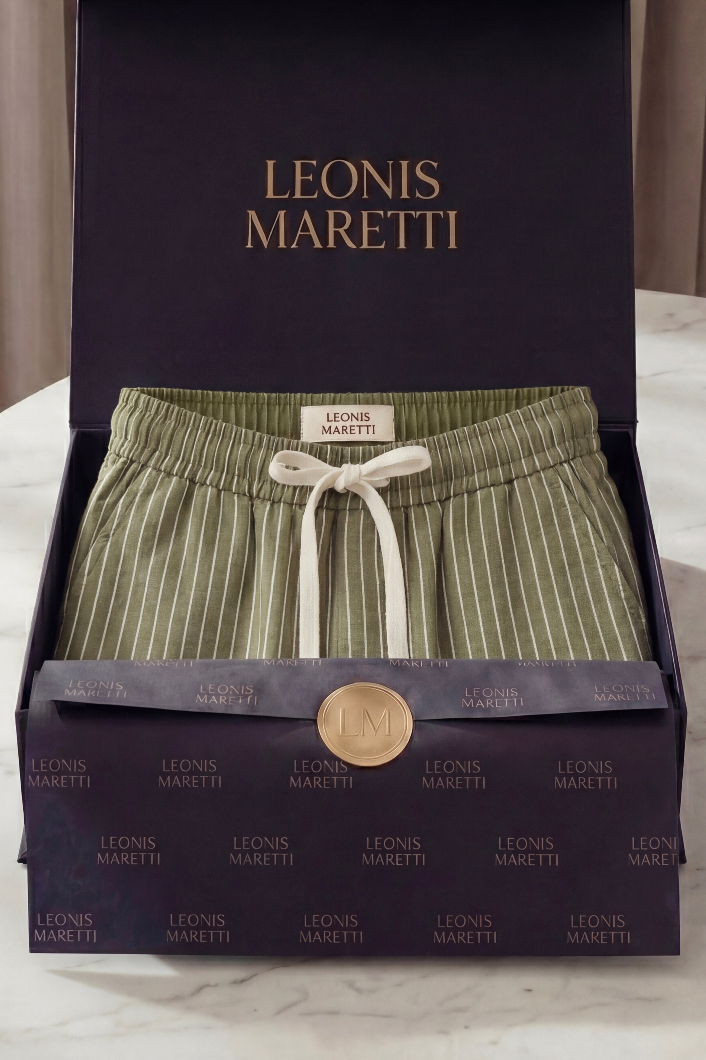 Pantaloni di lino Siena a righe oliva