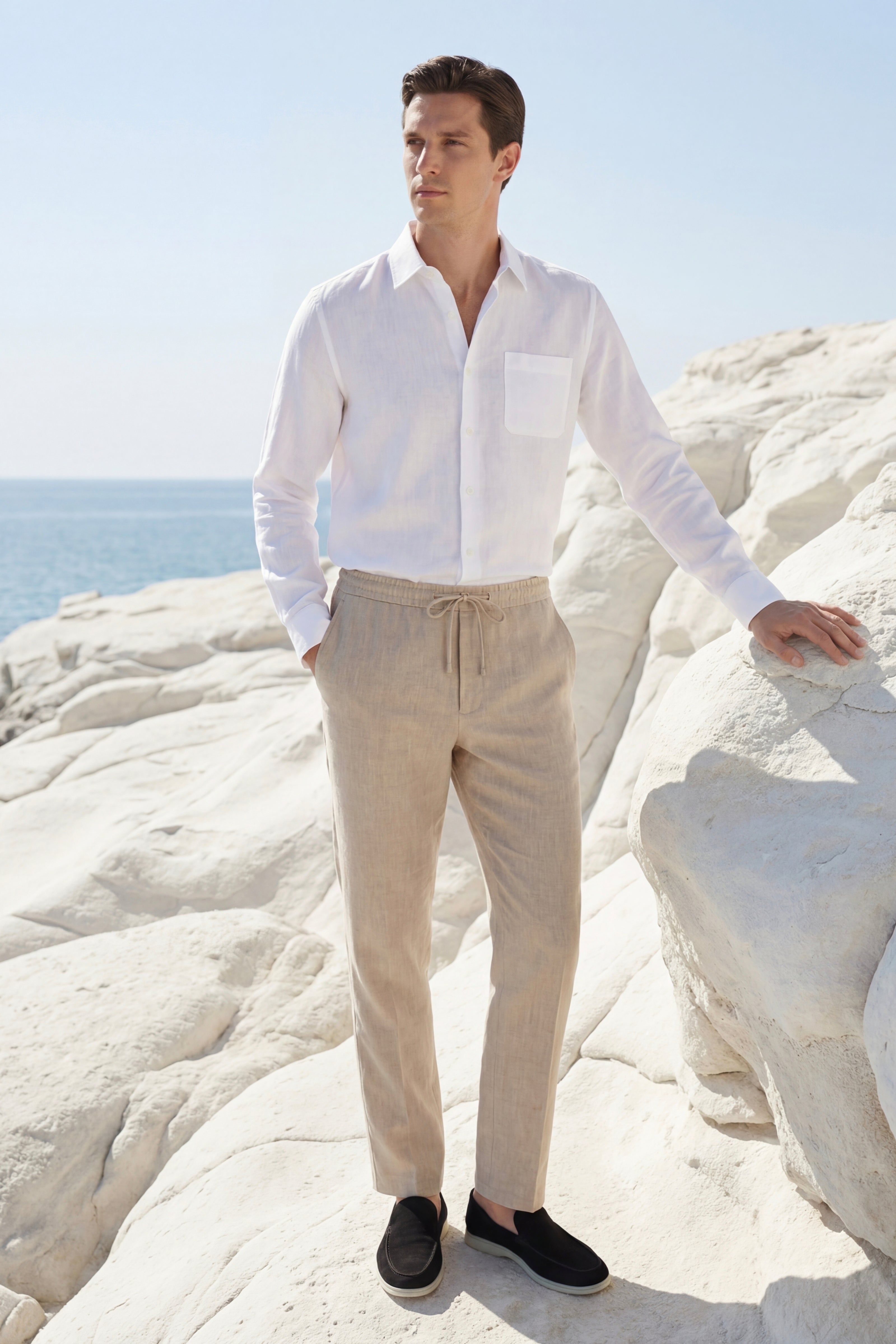 Pisa Linen Set Manica Lunga Bianco/Beige