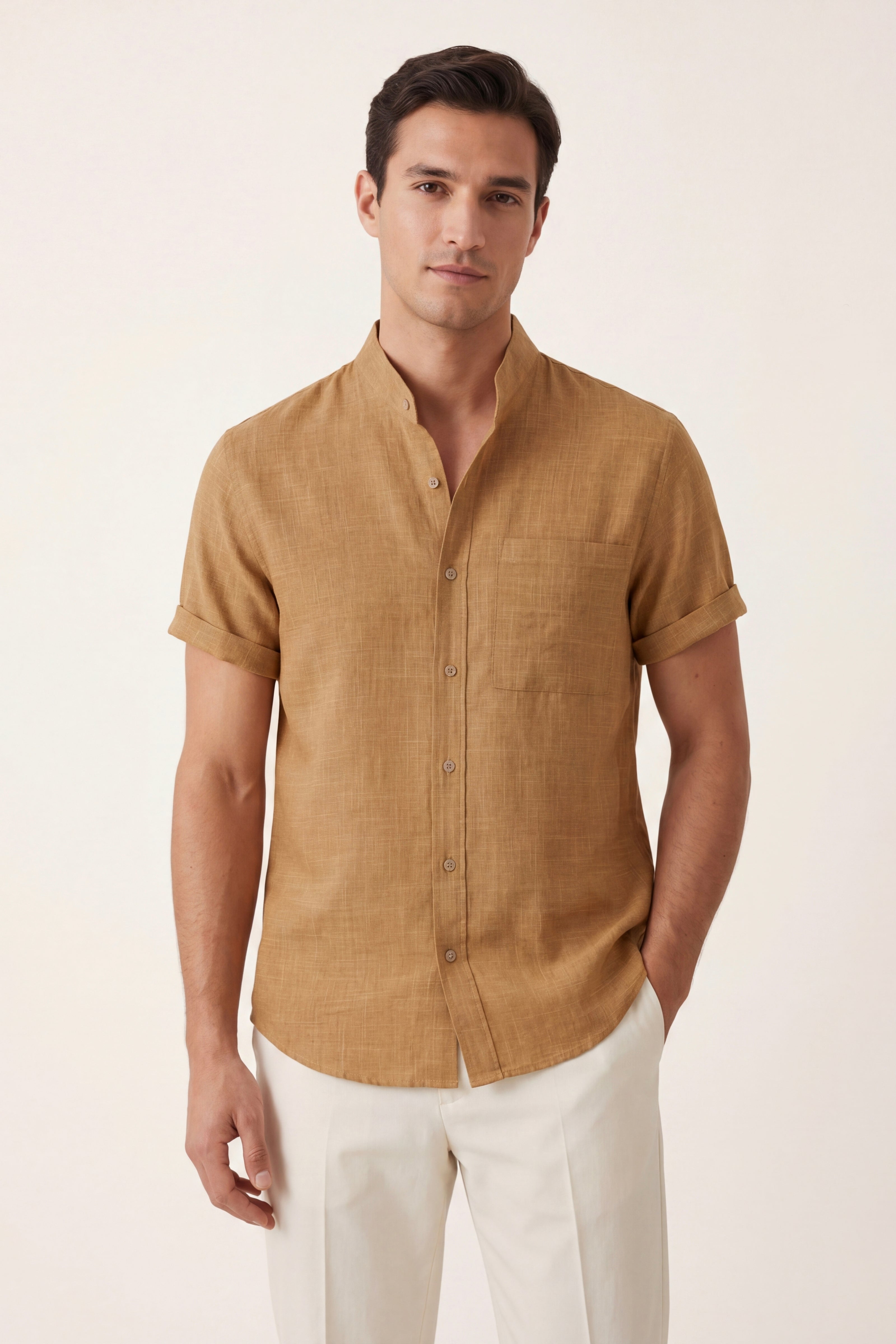 Camicia a maniche corte Treviso in lino giallo