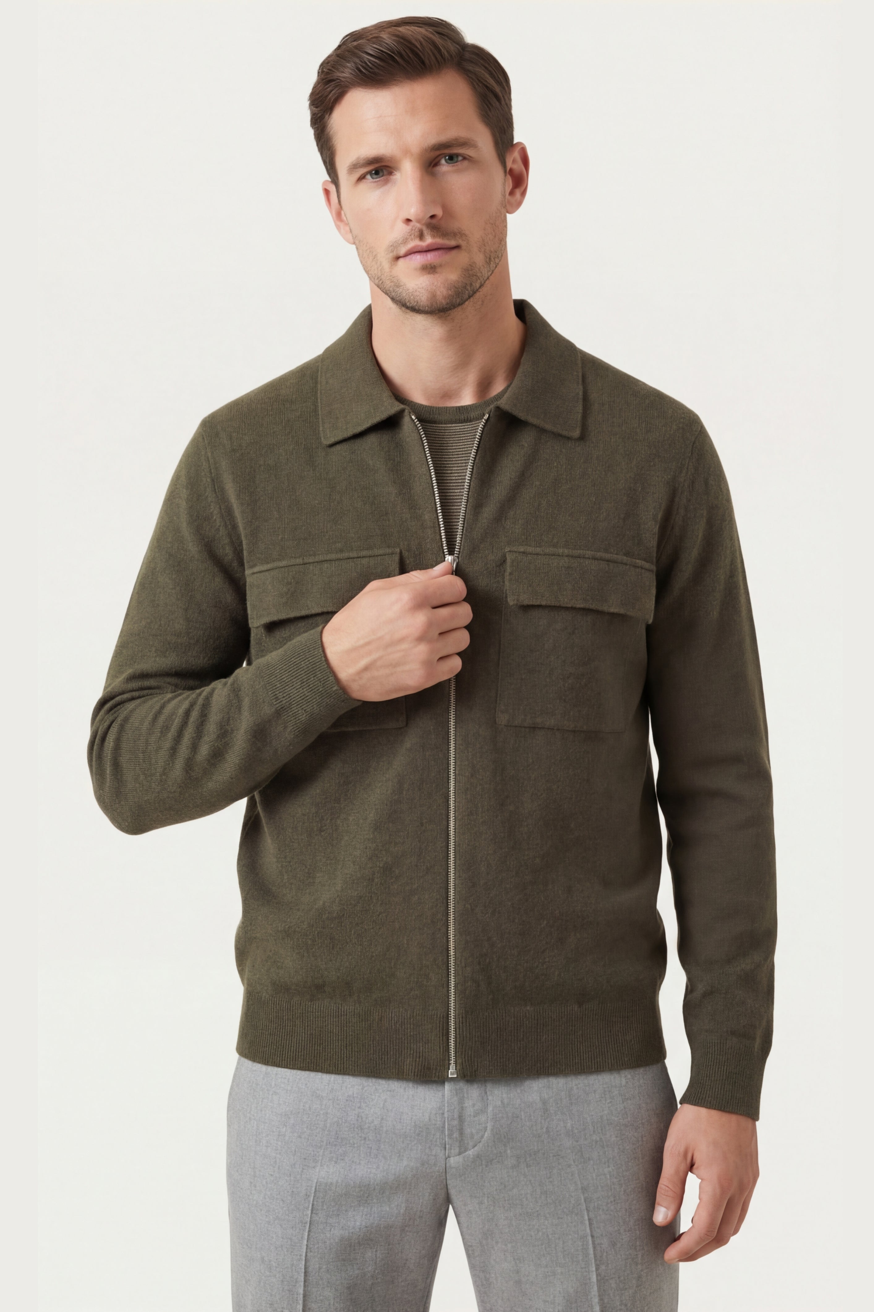 Cardigan Orvello in lana con doppia zip verde militare
