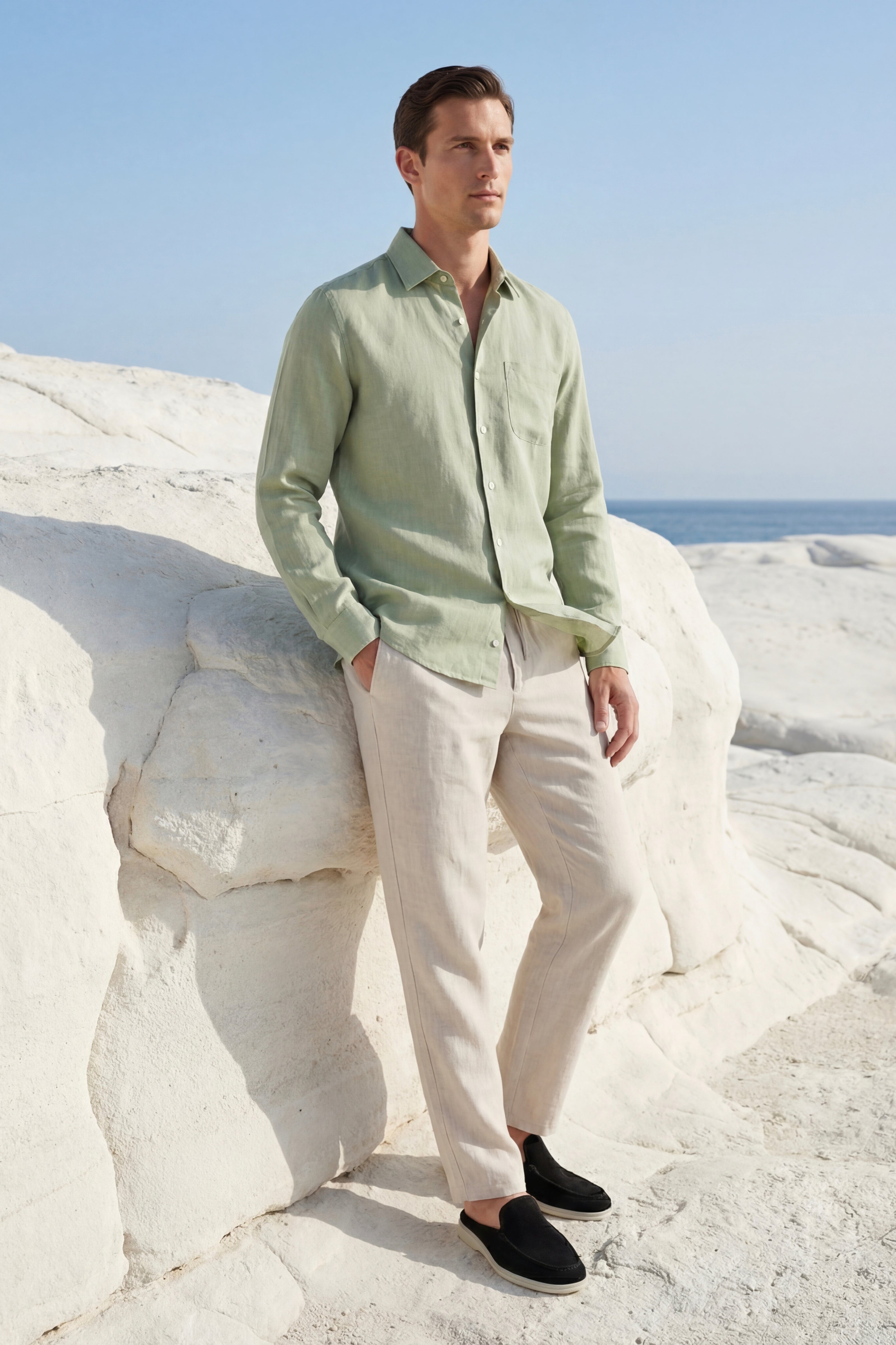 Pisa Completo Lino Manica Lunga Menta/Beige
